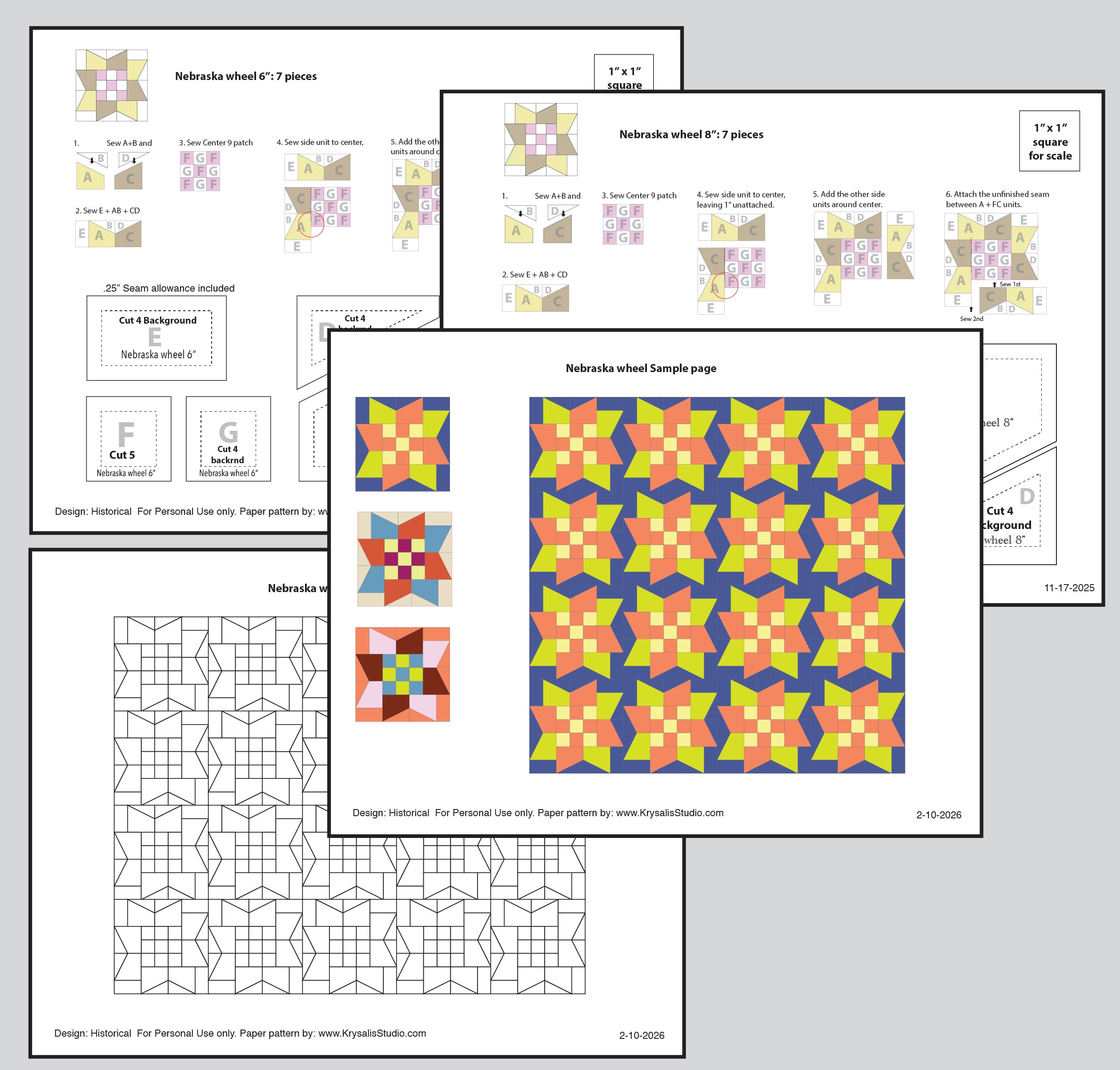 Nebraska Wheel block pattern 6" and 8"